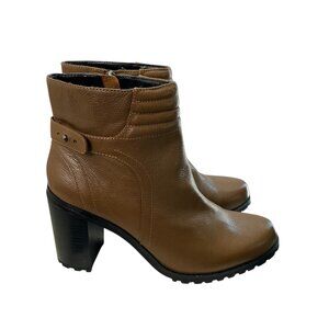 H By Halston Leather Ankle Lug Sole Booties Brown 10W CARA Block Heel Zip Grunge